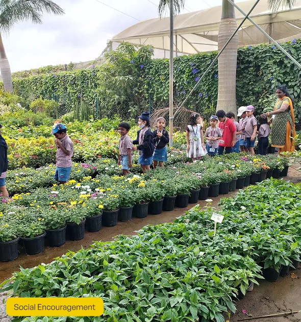 Vishwa Vidyapeeth students exploring plants and gardening activities in Varthur
