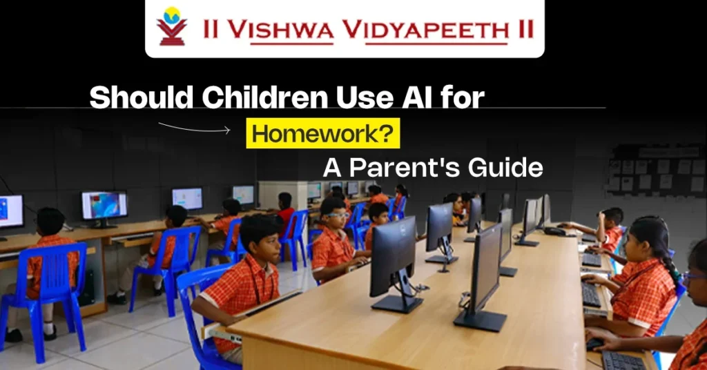 Children using computers for AI-assisted homework and learning