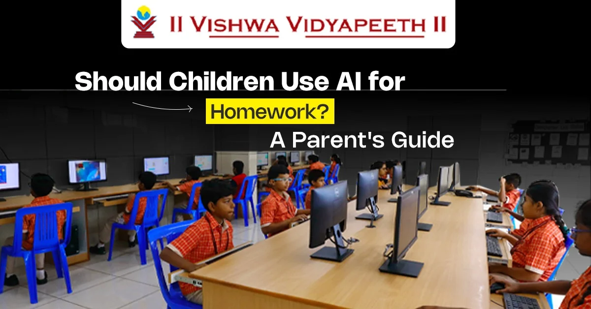 Children using computers for AI-assisted homework and learning