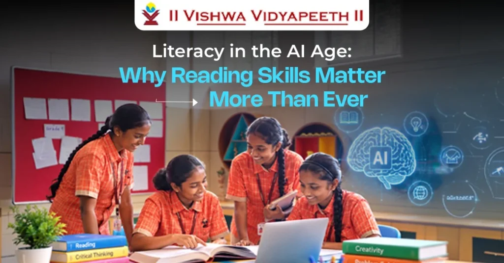 Vishwa Vidyapeeth students developing reading skills and learning with technology in the AI age.