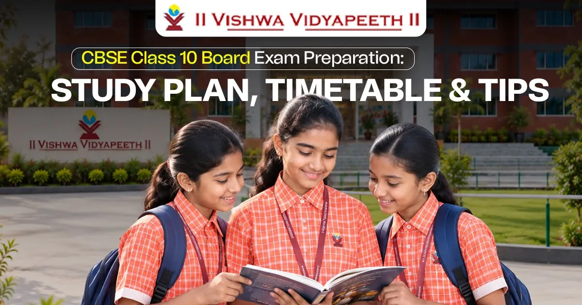 Three Vishwa Vidyapeeth students reading a book together outside their school