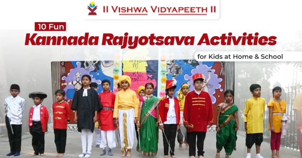 Children dressed in traditional Kannada attire for a Rajyotsava celebration at school.