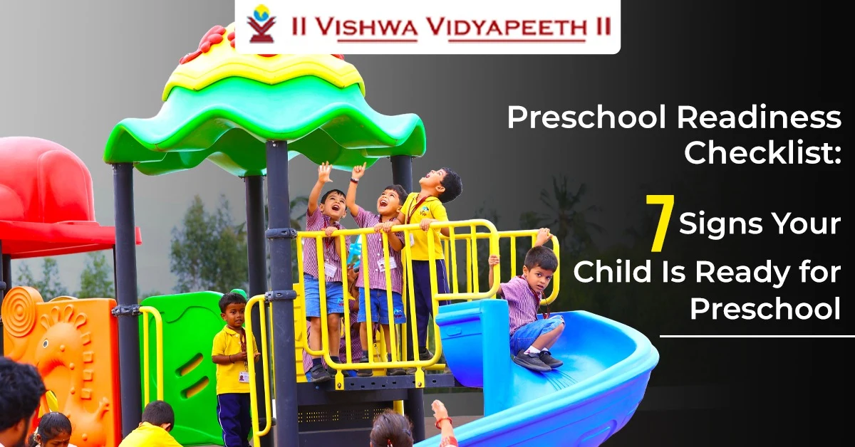 Children playing on the colourful playground at Vishwa Vidyapeeth, illustrating signs of preschool readiness.